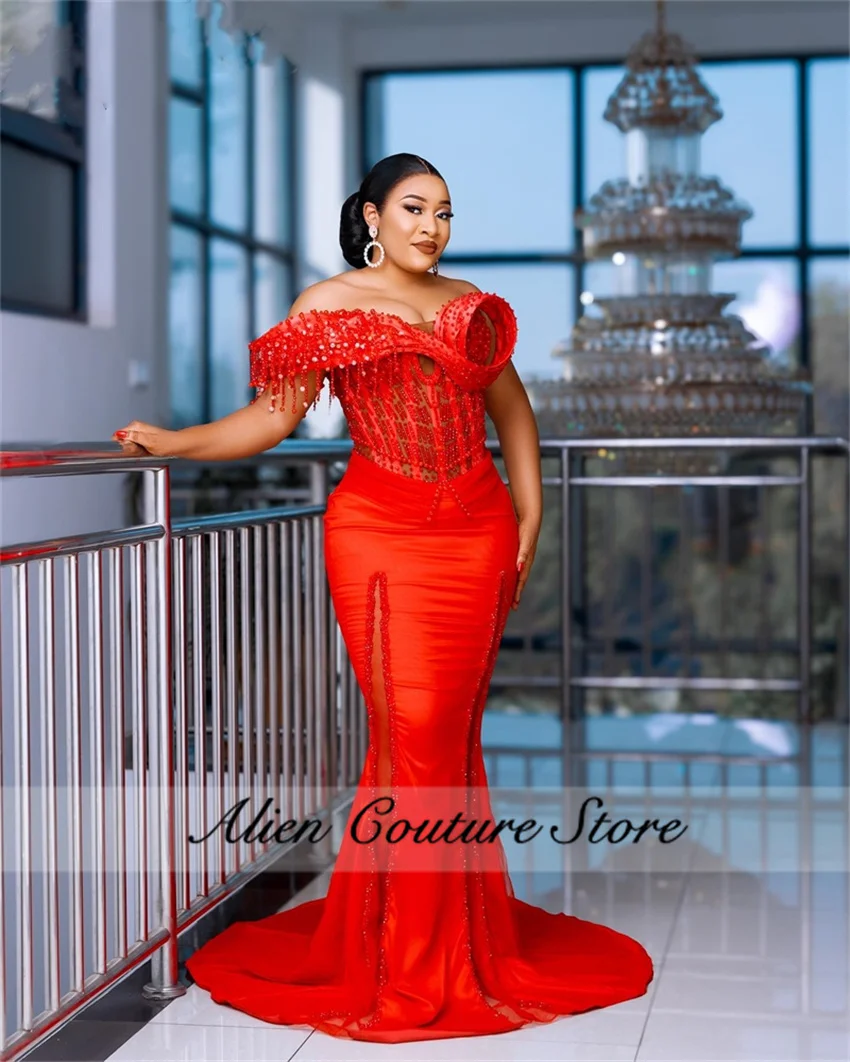 Vestido de noche de sirena con purpurina roja, traje de fiesta de compromiso de boda con diamantes de imitación de cristal y borlas, personalizado, 2025