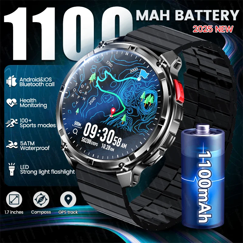 

Новые мужские военные умные часы со сверхпрочной батареей 1100 мАч, фонарик, Bluetooth-вызов, 5 атм, водонепроницаемые спортивные умные часы для фитнеса