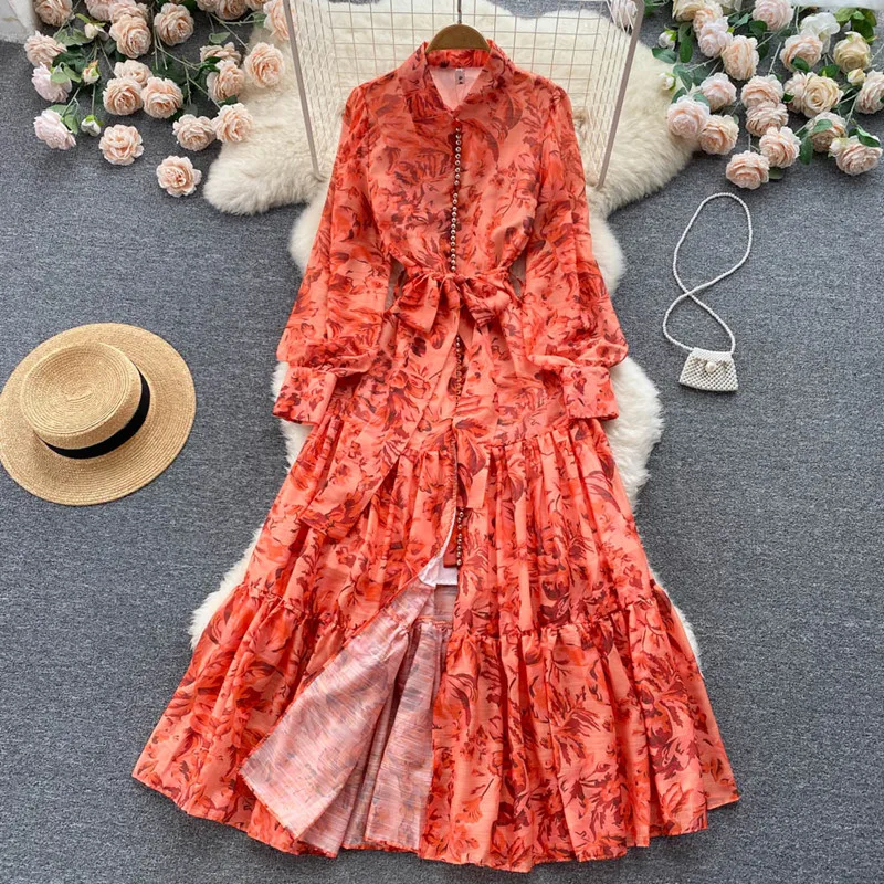 

2024 New Autumn Lace-Up Slender Elegant Maxi Dress Women Long Sleeve High Waist Vintage Printed Dress