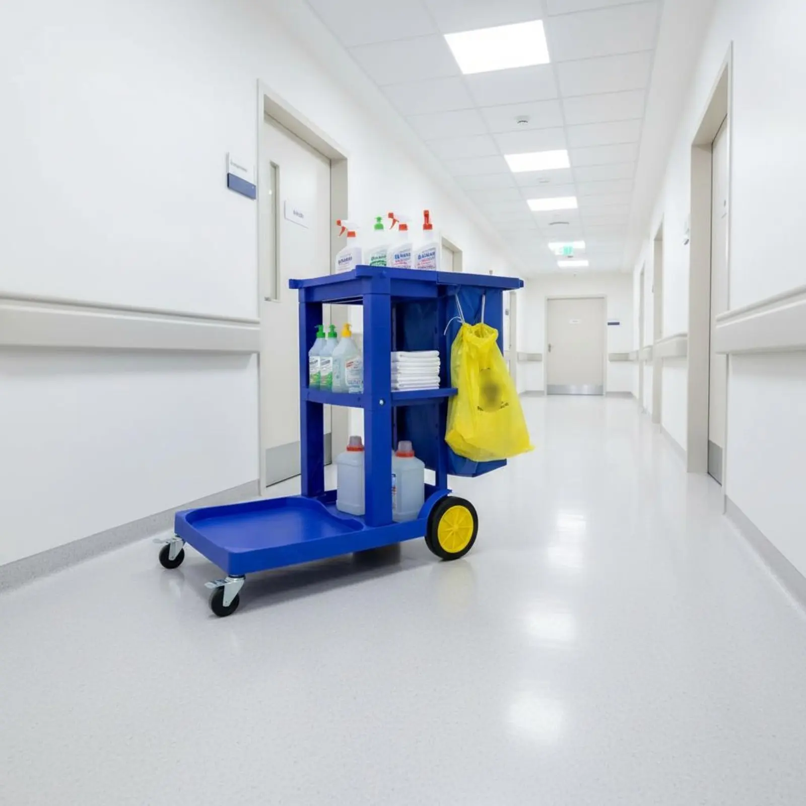 

Professional Cleaning Trolley Easy Rolling Janitorial Cart with Bag Multi-Shelf Utility Cart Multifunctional for Hotel, Hospital