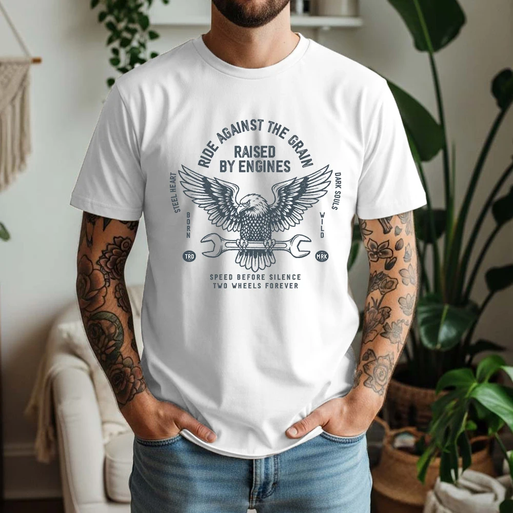 Men's 100% Cotton Short Sleeve T Shirt Retro Motorcycle Eagle Wrench Two Wheels Graphic Print Breathable Casual Daily Tees