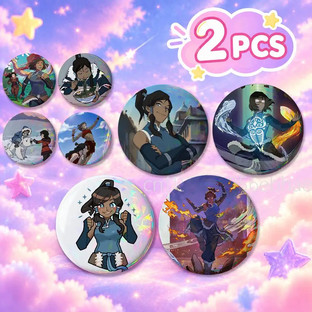 FOR Korra Asami 2Pcs Set Round Badge Holographic Foil Button Pin Brooch Backpack Clothing Lapel Decor Fans Gift