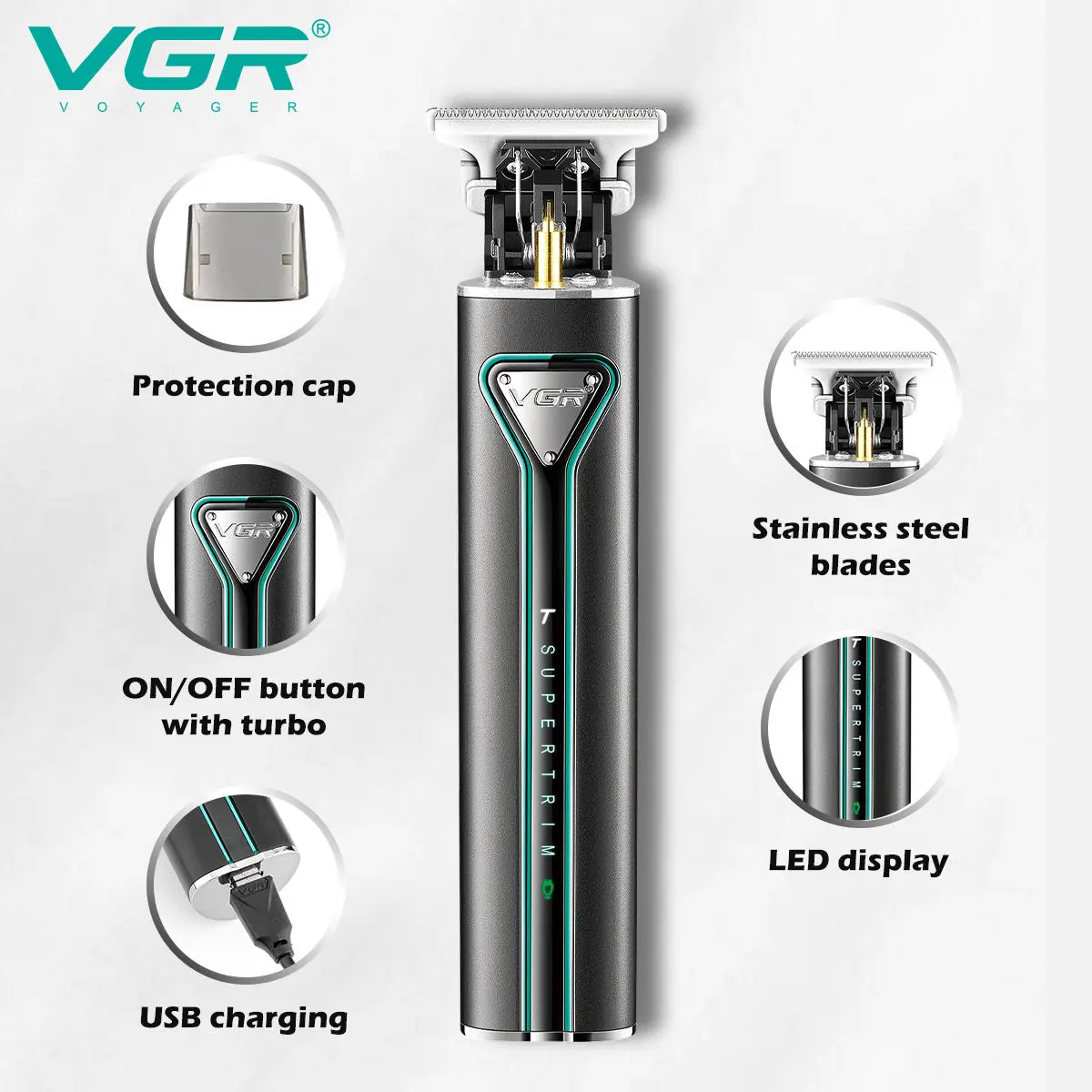 VGR Hair Trimmer T9 Hair Clipper Metal Haircut Machine Professional Rechargeable Cordless Electric Trimmers for Men V-009