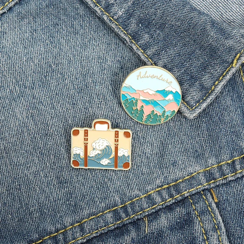 Cartoon Paint Ocean Wave Suitcase Soft Enamel Pins Bag Lapel Badges Wholesale Pin Brooch Jewelry Gifts for Friends Drop Shipping