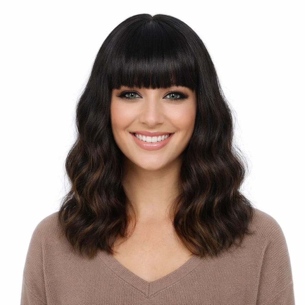 

Короткий волнистый парик с челкой для женщин, натуральные волнистые синтетические парики для повседневной носки, вечеринок, косплея, черный с коричневым оттенком