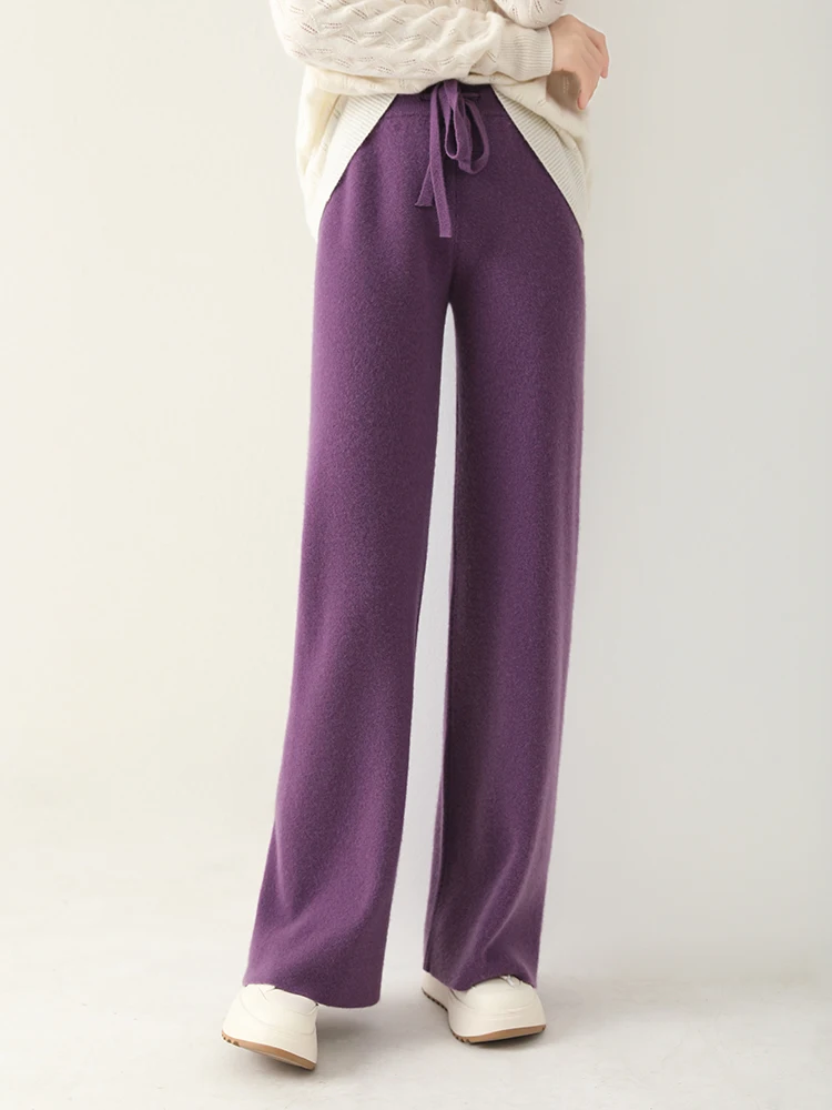 

Высокое качество, 100% мериносовая шерсть, женские широкие брюки с высокой талией на шнуровке, осень-зима, кашемировый трикотаж, утепленные шерстяные брюки