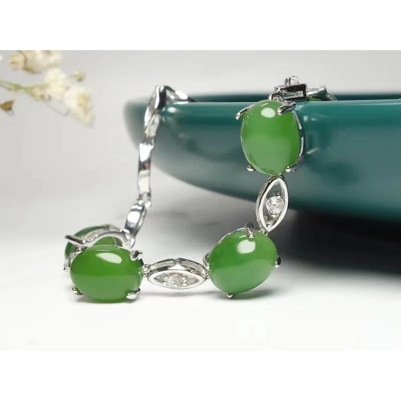 Hetian Women, Jadeite Spinach Green , S925 Silver Inlaid Jade Bracelet