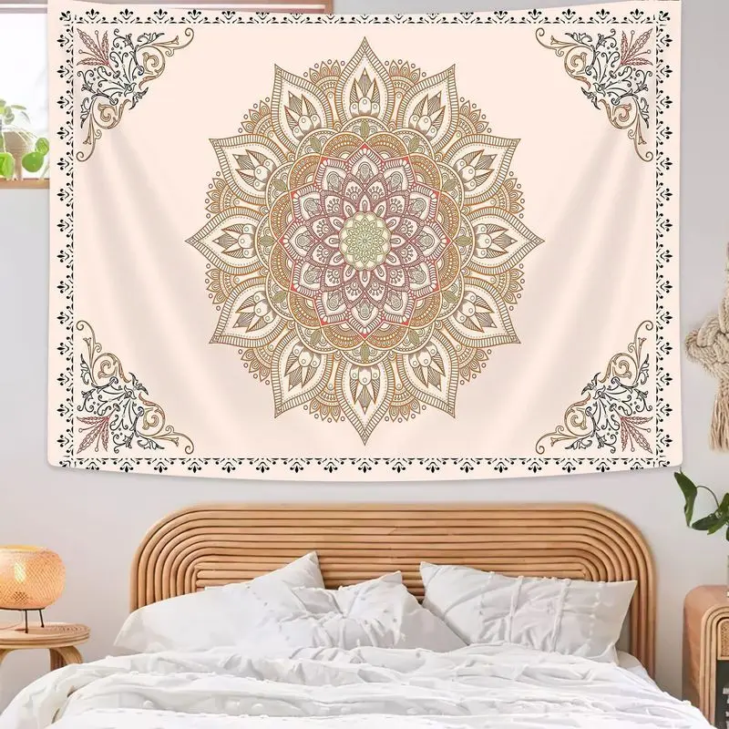 VIKAMA Rice Bottom Warm Tone Mandala Hanging Cloth Flower Mandala Tapestry Living Room Background Wall Room Decoration