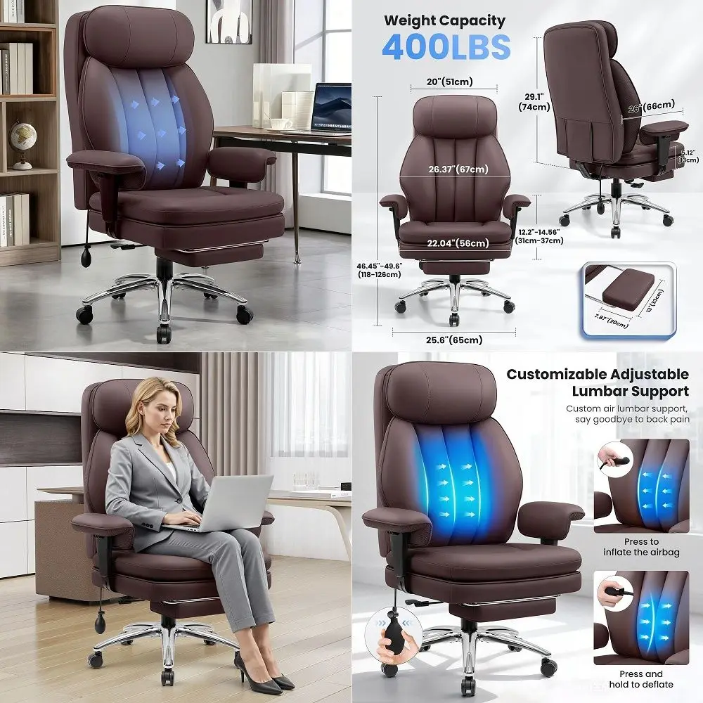 

500lbs Big and Tall Office Chair Adjustable Lumbar Support for Back Pain, Extra Wide Seat Executive Office Chair Thick Armrest
