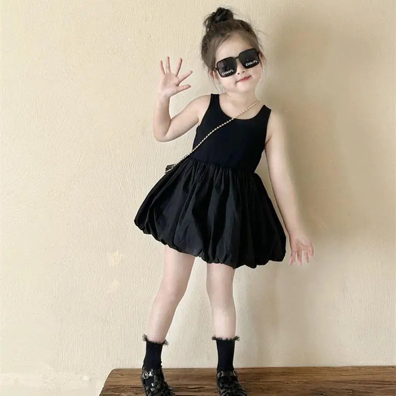 Girls Sleeveless Dress 2024 Summer Children\'s Baby Fashionable Sling Dress Princess Dress Children\'s Little Black Dress