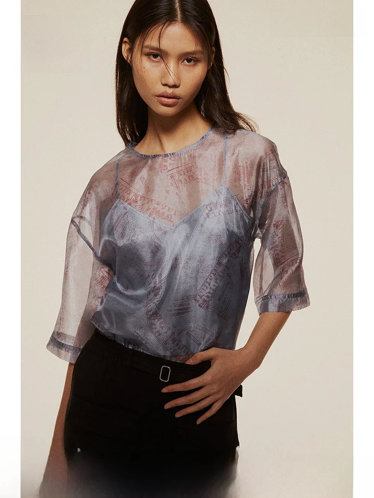 

H&M Women's Casual irt Comfortable Spring Loose Mid-Sve Satin Csole Inner ort Sve round Ne Polyester Fiber