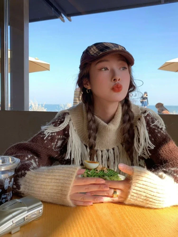 Contrastสีเสื้อถักVINTAGEหลวมGrungeคอPullovers Y2k Aesthetic Chicพู่จัมเปอร์ใหม่แฟชั่นสบายๆเสื้อกันหนาว