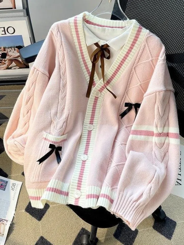 Bow Tie Sweater Jacket Women\'s Autumn Winter Loose 2024 Fashion Lazy Style Design Sweet Relaxed Temperament Knitted Cardigan