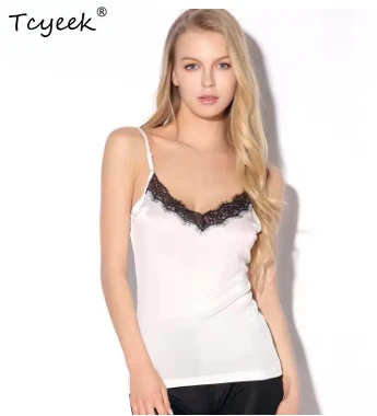 Tcyeek Women Silk Camis 30% Natural Silk and Lace Camisoles V Neck Bottoming Shirt Black Purple White 2026 New Summer TOP