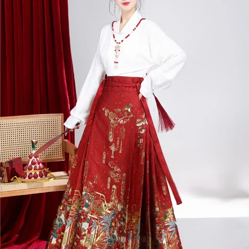 Hanfu Dress Women's Red Airplane Sleeve Collar Blouse Chinese Style Engagement Red Coat Horse Face Skirt Wedding Dress Winter