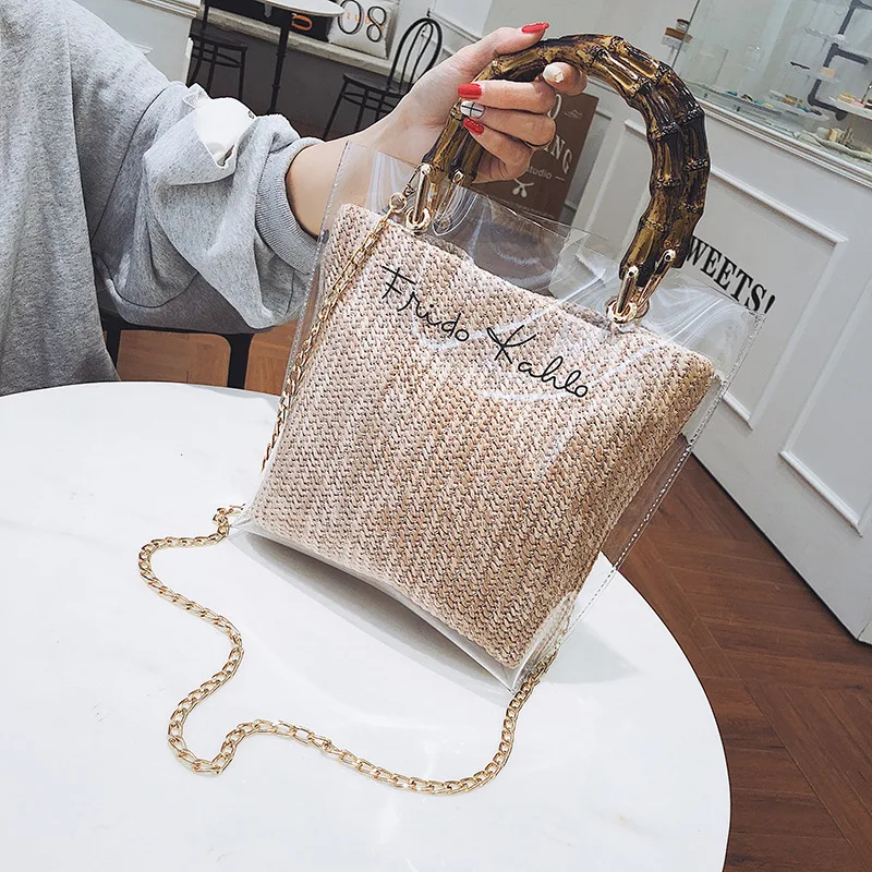 Transparent Hand-Woven Women\\\'s Shoulder Handbag Bohemian 2021 Summer Straw Beach Tote Shopper Weaving Shopping Bags