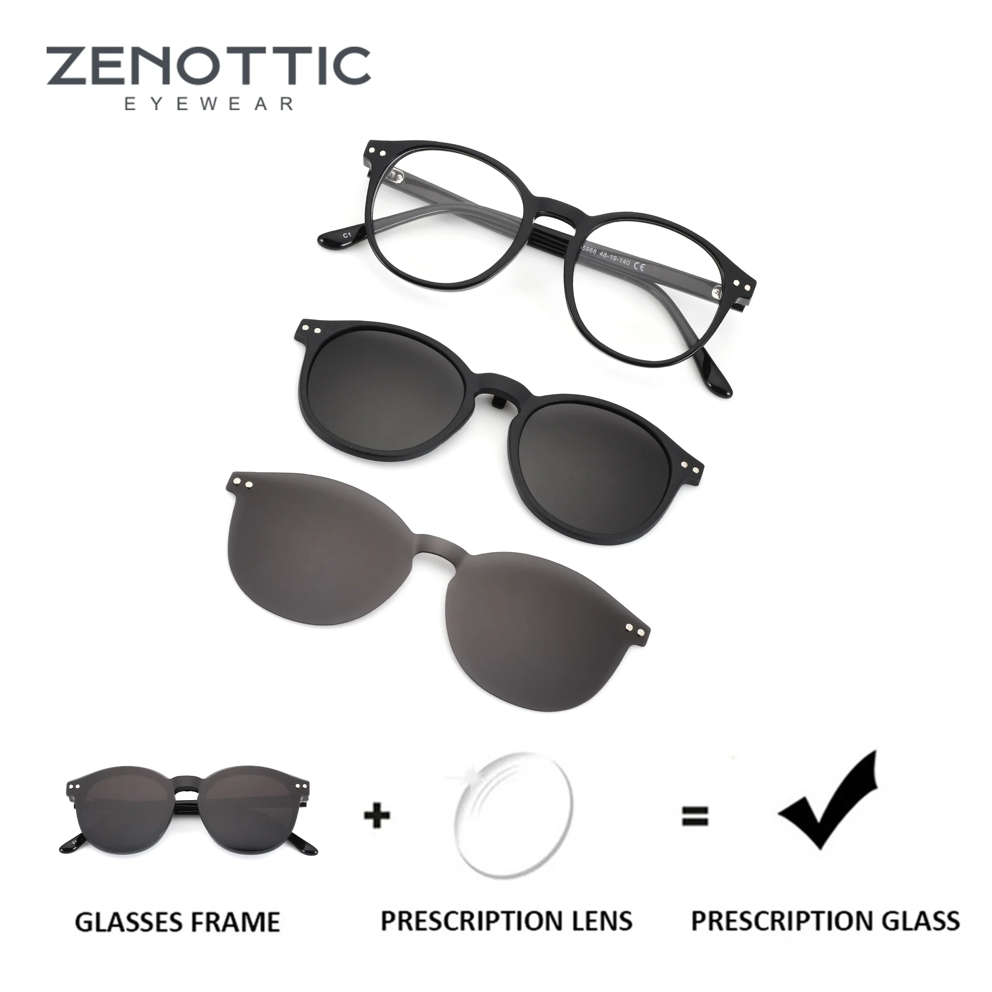 

ZENOTTIC (XXS Size）Round Acetate Prescription Glasses for Men Easy Attach Magnetic Sun Clip Myopia Optical Eyeglasses