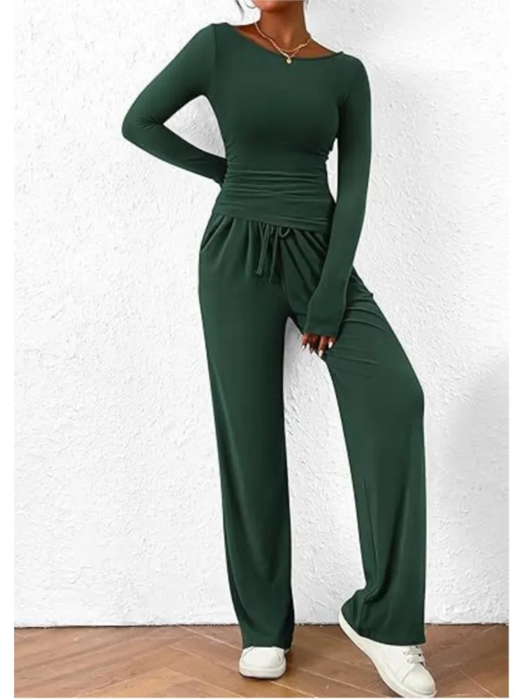 2024 Autumn Women\'s New Casual Set Fashion Asymmetric Long Sleeve T-shirt Wide Leg Pants Casual Wear Sportswear Women