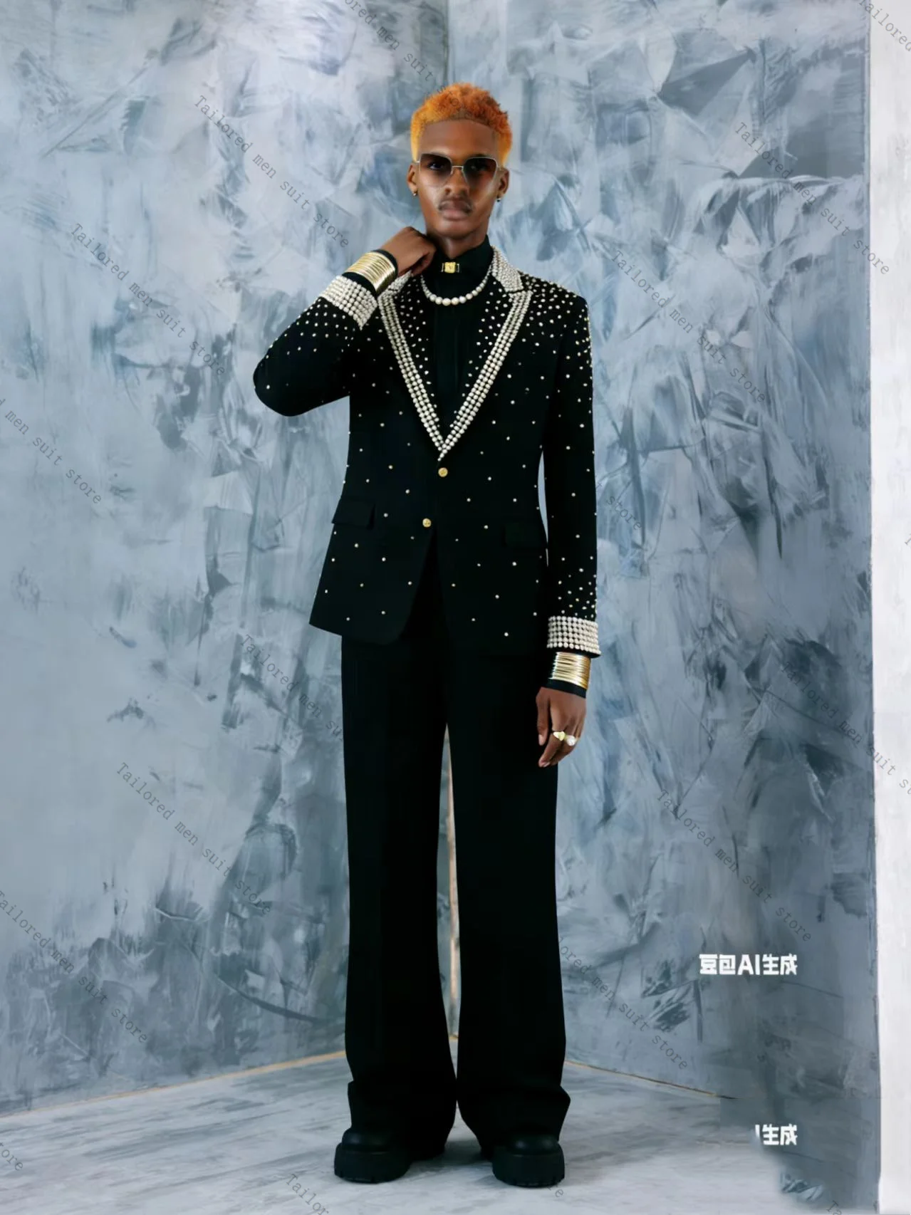 

Luxury Crystals Men Suits Pants Set 2 Pcs Black Blazer+Cotton Trousers Groom Wedding Tuxedos Jacket Formal Office Business Coat