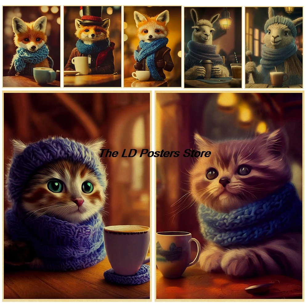 

Cute Animal Coffee Posters Kraft Paper Streetwear Canvas Home Wall Living Aesthetic Canvas Home Bar Decor Harajuku Poster