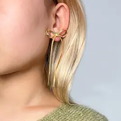 2024 New Stainless Steel Long Tassels Bow Dangle Earrings Flat Snake Chain Bowknot Ear Stud Minimalist Hoops Lightweight Jewelry