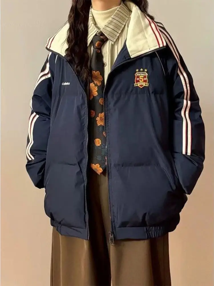 

Retro American Blue Striped Cotton Jaet Women's Winter New Sle Student Bread Coat Embroidered Letter Design Casual Outerwear