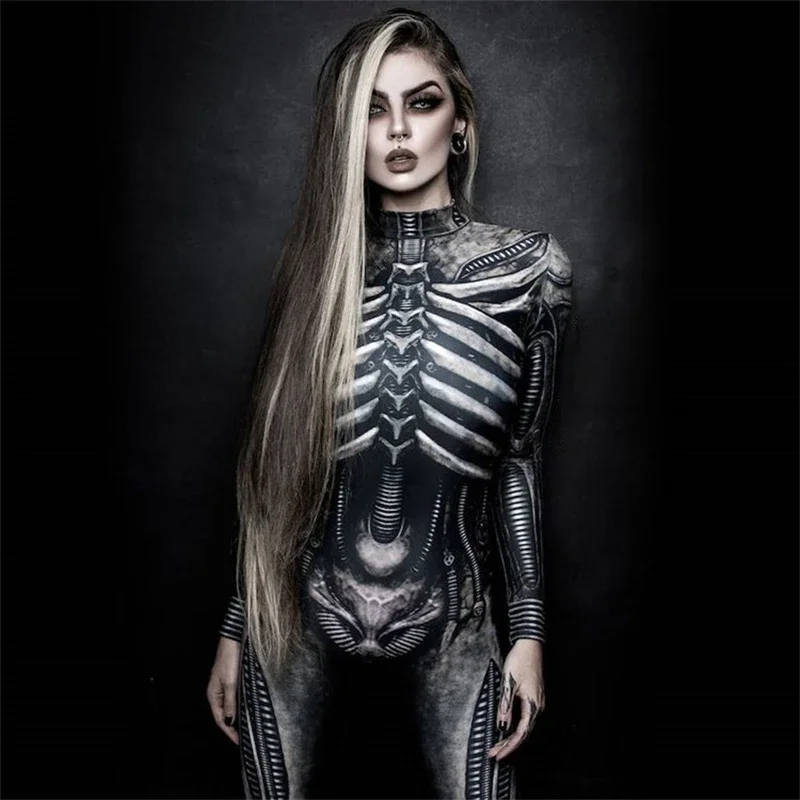 Halloween Women Tights Masquerade Costume Bone Print Splicing Party Rompers Carnaval Costumes Woman's Scary Horror Clothing 2022