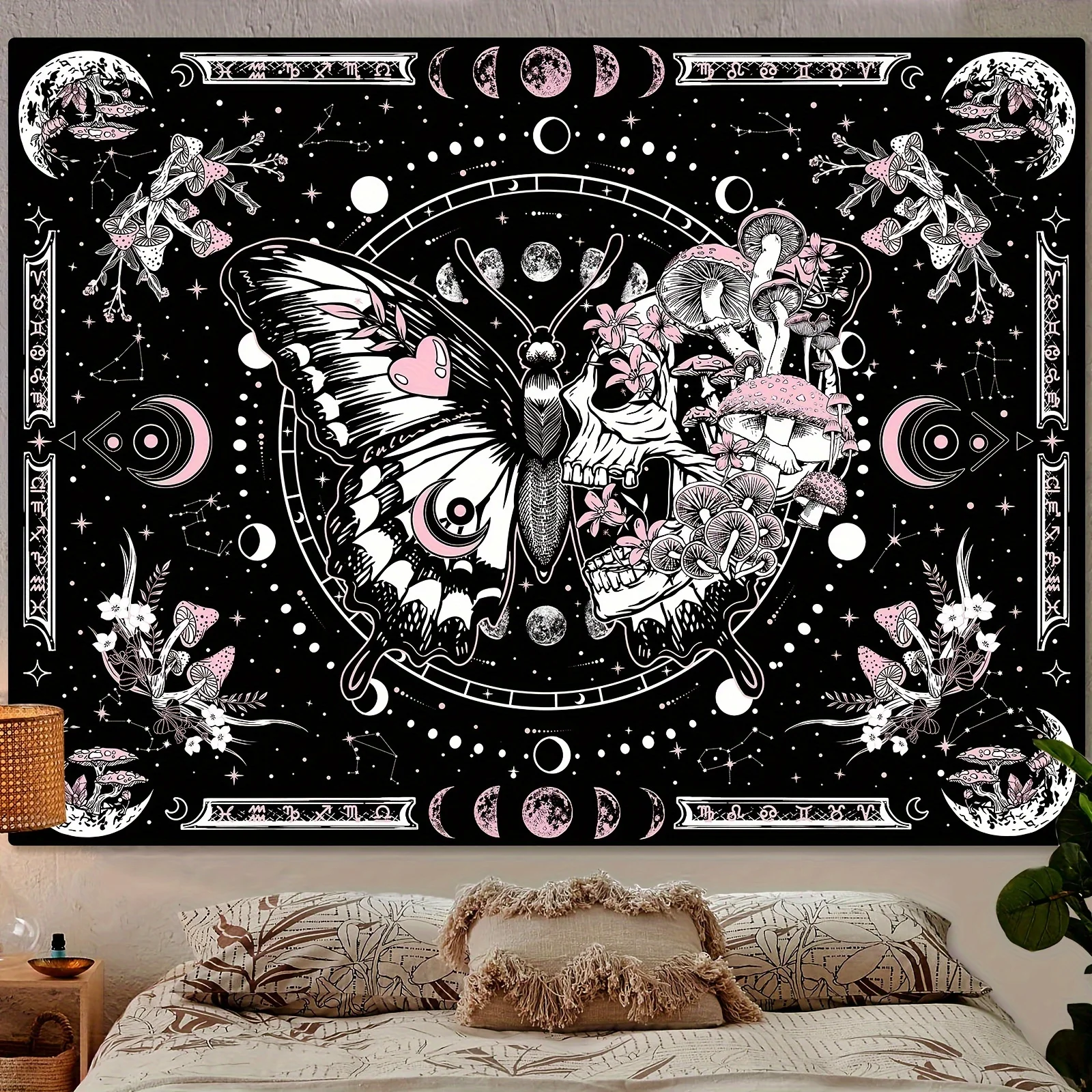 VIKAMA Dark Sweet Cool Butterfly Skull Moon Tapestry, Black Pink Astrology Wall Hanging for Bedroom Living Room