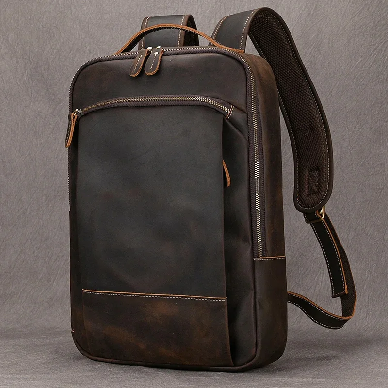 

Vintage Men's Crazy Horse Leather Backpack genuine leather Retro Rucksack Large Classic Travel Big laptop computer bag