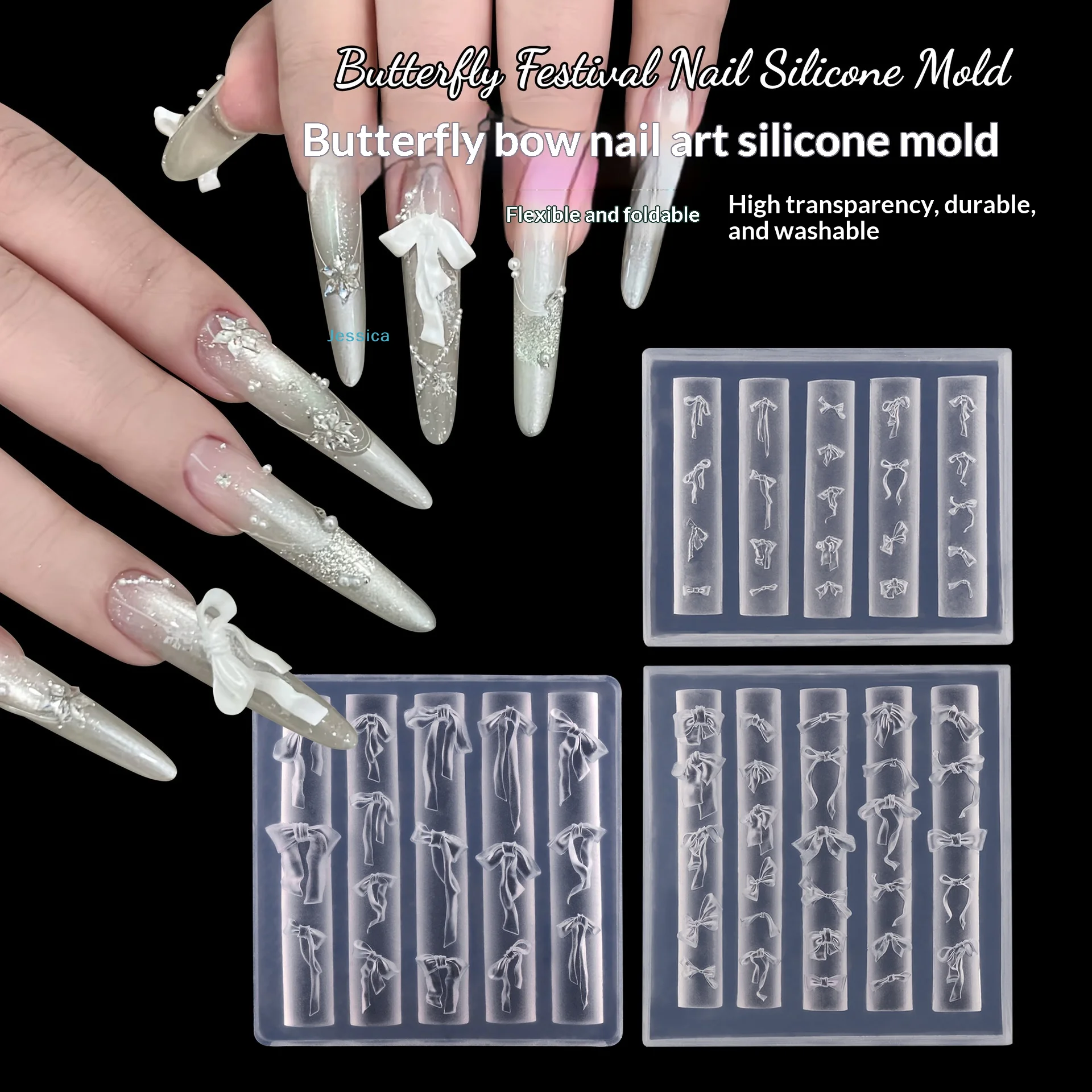 ♥ Moules en Silicone pour Nail Art papillon et nœud, moules de décoration d'ongles 3D transparents et flexibles pour la conception de manucure à faire soi-même