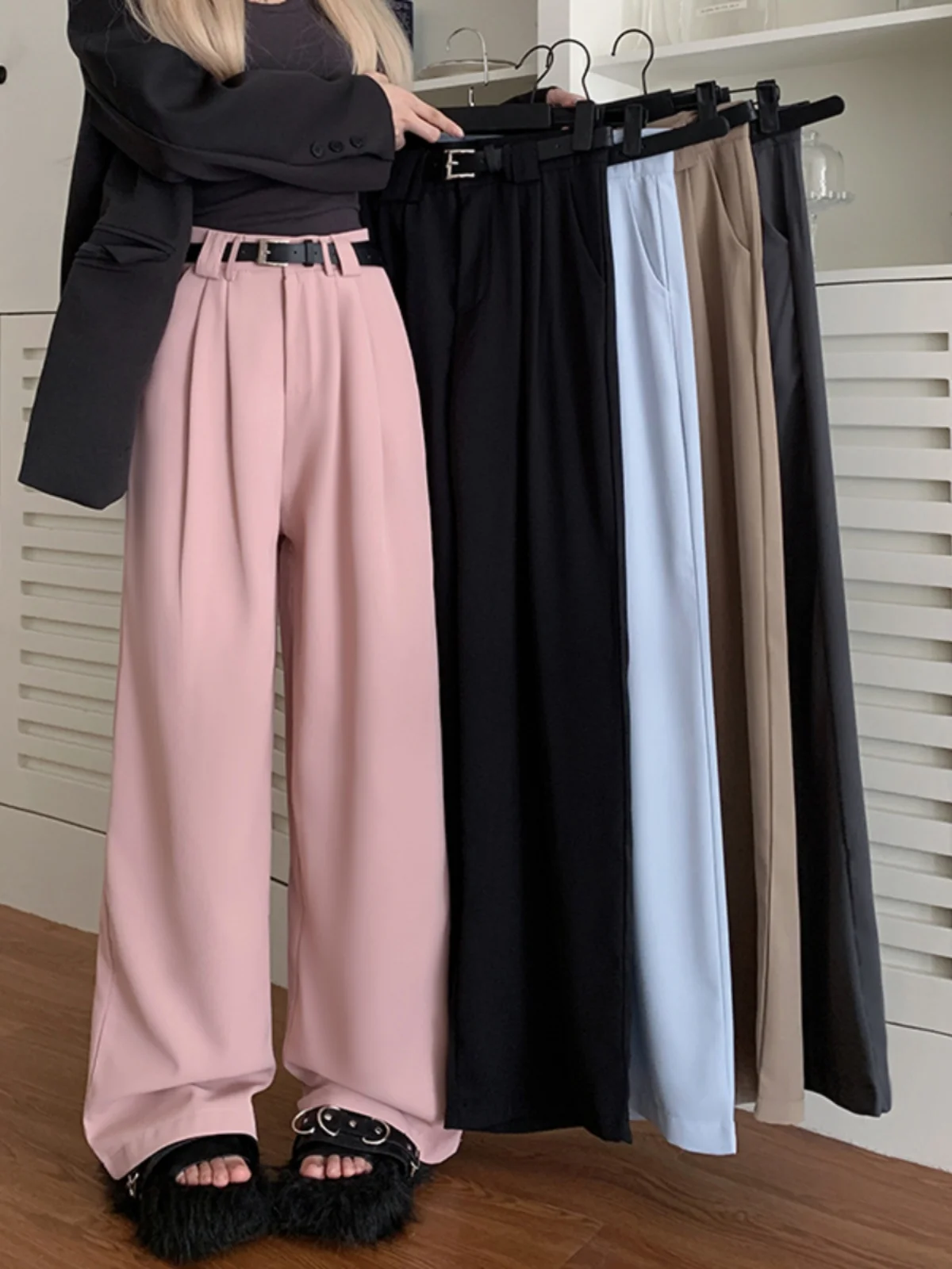 Gray Floor-Length Draped Suit Pants High Waist Wide Leg Casual Trousers Women's Autumn Fashion Elegant Slimming Long Pants