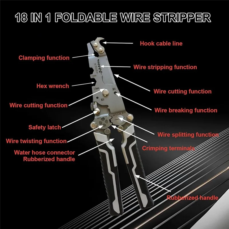 TKOH-Wire Stripper Crimper,18 In 1 Foldable Wire Stripper,Electric Wire Stripper,Quick Strip Wire Stripper