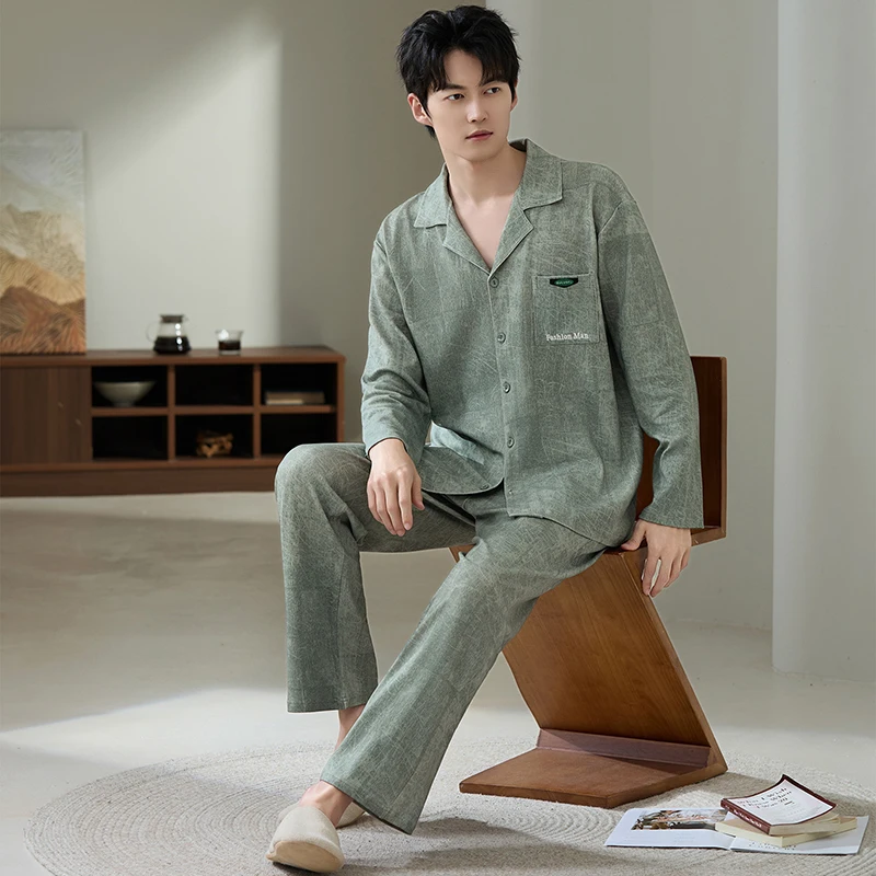 Newest L-5XL Men Pajamas Set knited Cotton Turn-down Collar Sleepwear Male Autumn Long Sleeve Pyjamas