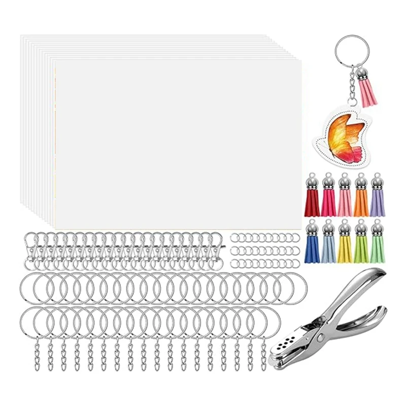 

161 Shrinky Sheets Key Chain Set, Key Ring With Chain, Jump Ring, Creative Hole Punch For Kids, Translucent