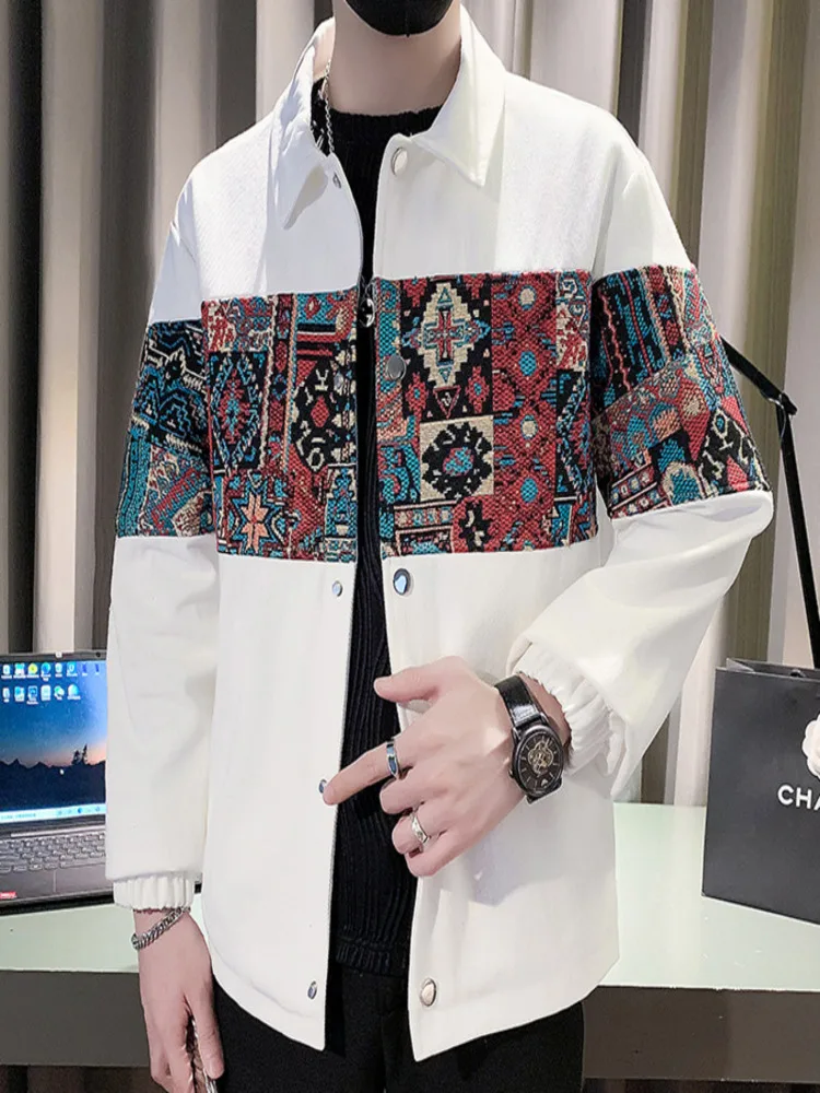 

Spring Ethnic Style Lapel Jacket Casual Contrasting Colorful Flowers Coat Vintage Men s Costume Homme Bomber