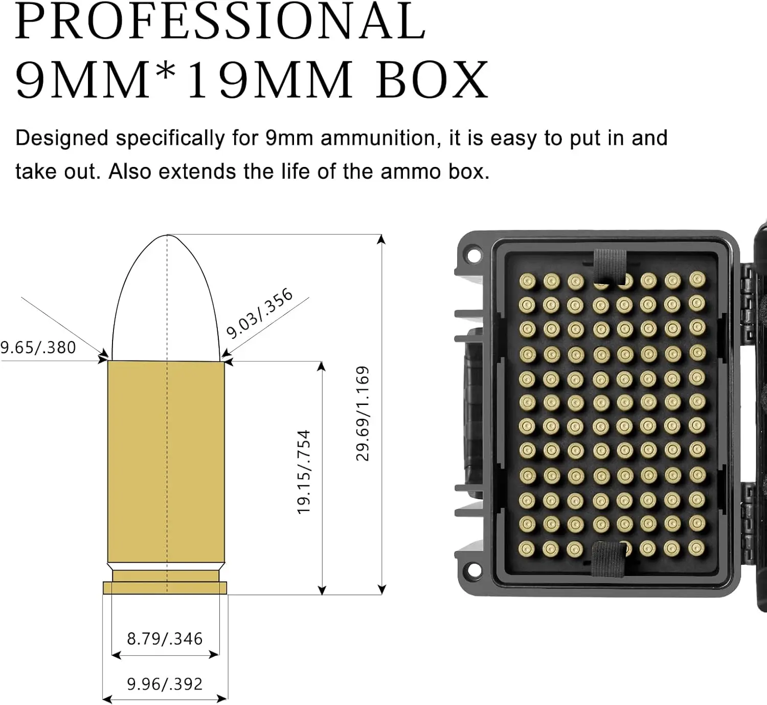 9mm Ammo Box Bullet Case Tactical 9x19mm Ammunition Storage Box 192/99 Rounds Ammo Organizer for .380 ACP, .30 Luger, .32 S&W view 2