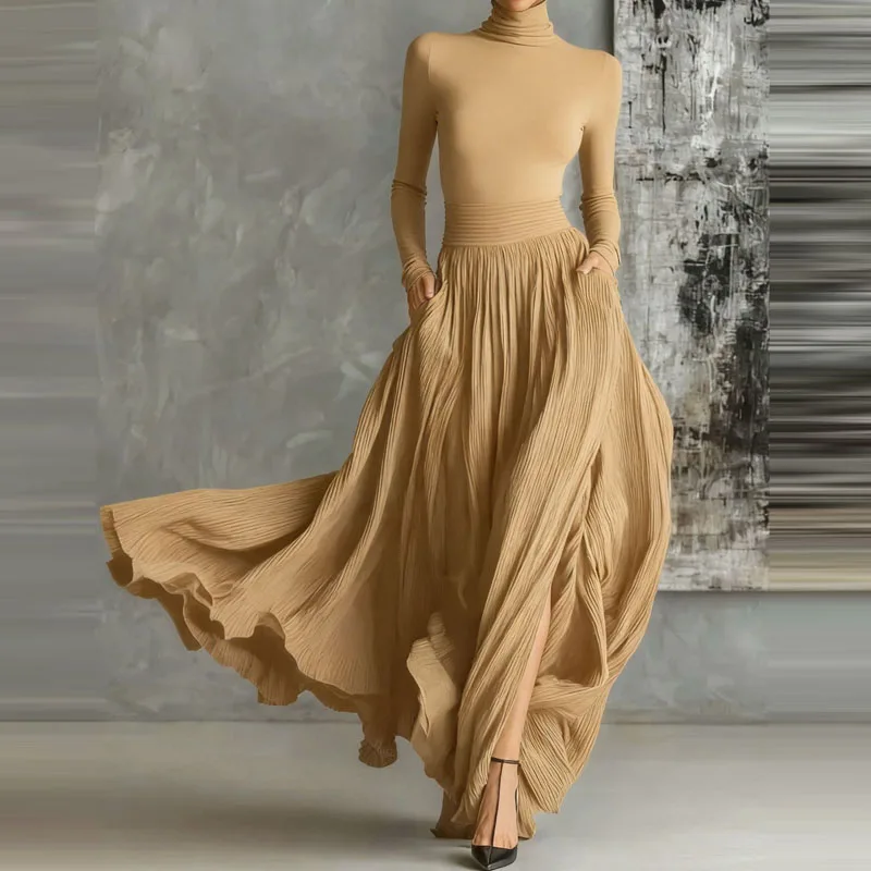 أنيقة الياقة المدورة البلوز وتنورة طويلة مجموعة المرأة عادية كم طويل جيب الصلبة تنورة وتتسابق موضة ثنيات سليم 2 قطعة الدعاوى