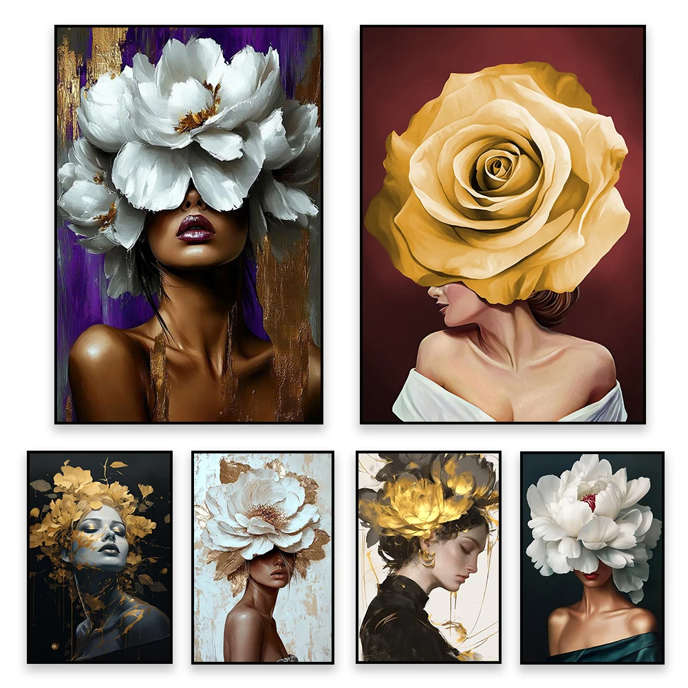 (No frame)1pcsFlower on Head Prints Canvas Painting Wall Art Poster Home Bedroom Decoration Modern Woman Portrait Golden