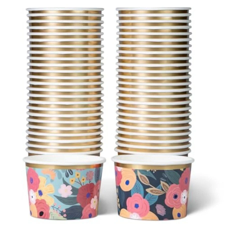 Disposable Paper Ice Cream Cups and Soup Bowls, 50-Count 9-oz, Sunlit Meadow and Midnight Petals Floral Designs, Hot/Cold Paper