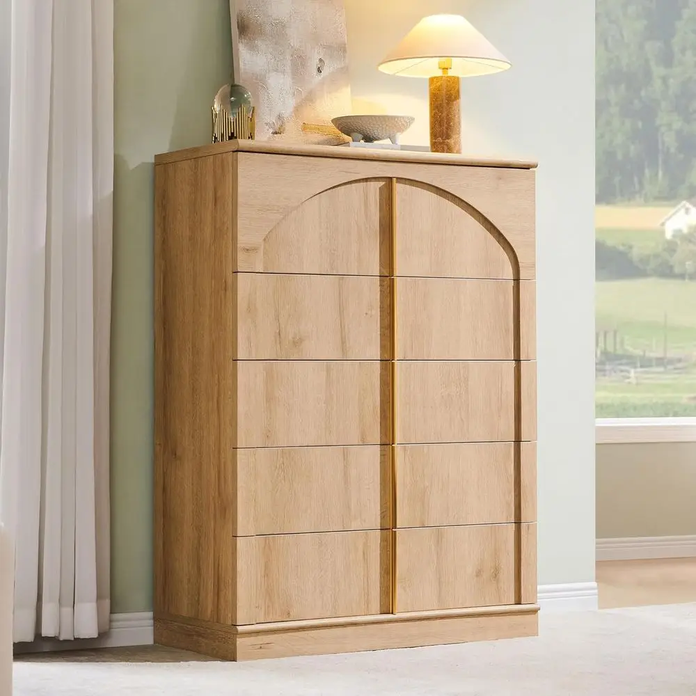 Arched Panel Tall Storage Cabinet with Metal Handles for Bedroom, Living Room, and Hallway in Natural Oak