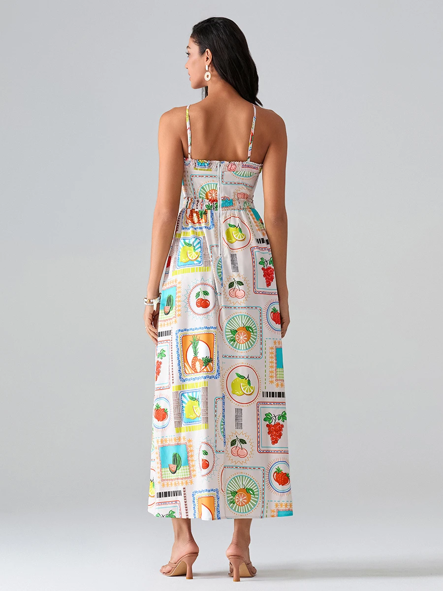 Women Spaghetti Strap Sleeveless Dress Casual Summer Fruit Print Cutout A-Line Party Dress for Beach Streetwear