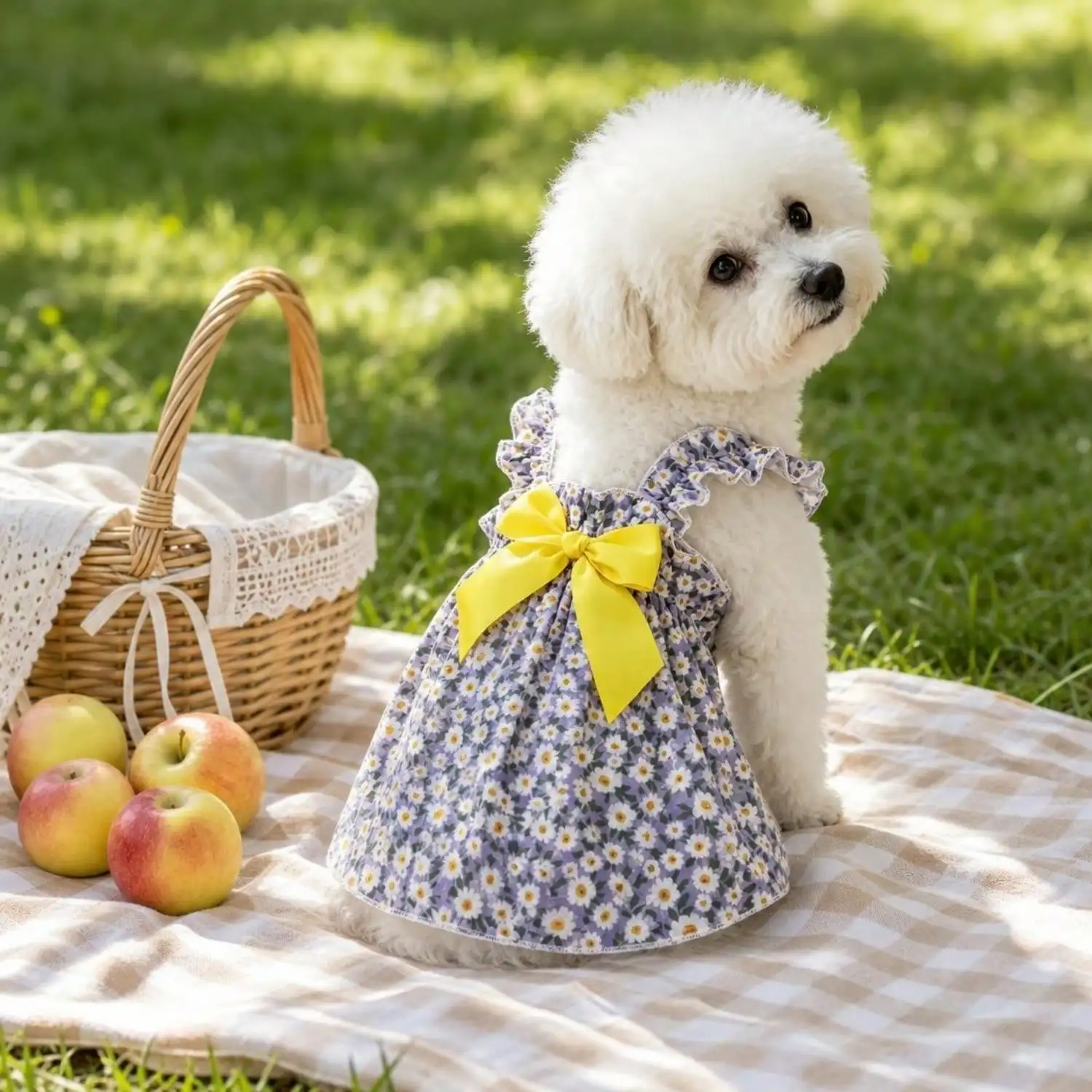 Sommerkleid für Haustiere, ärmellos, mit Blumenmuster, Rüschenriemen, großer Schleife als Dekoration für kleine Hunde, für den täglichen Gebrauch und Partys. – Detail 1