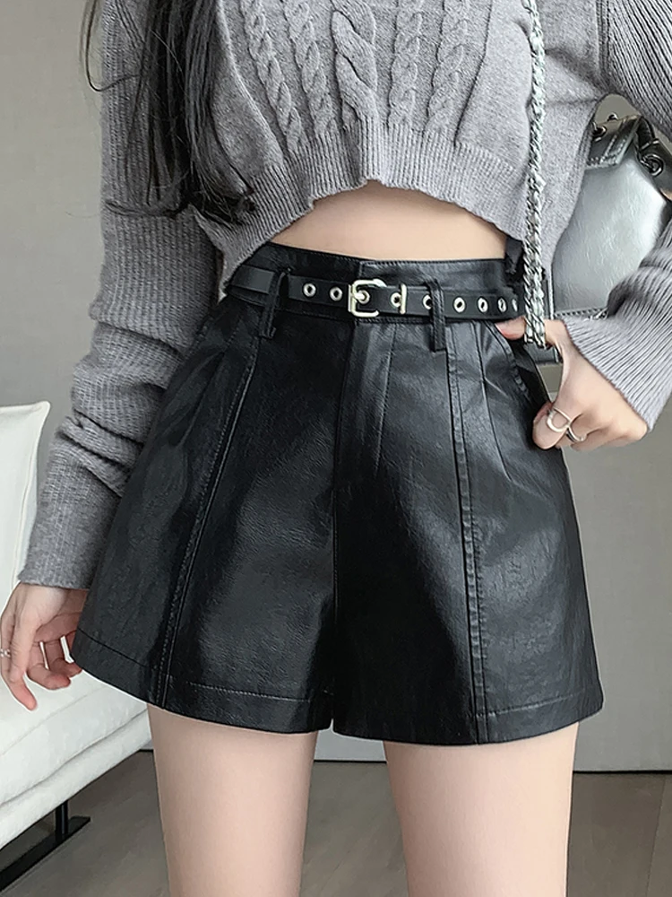 

High Waist Faux PU Leather Shorts Women 2024 Autumn Winter Chic Fashion Streetwear Casual Wide Leg A-Line Shorts Femme