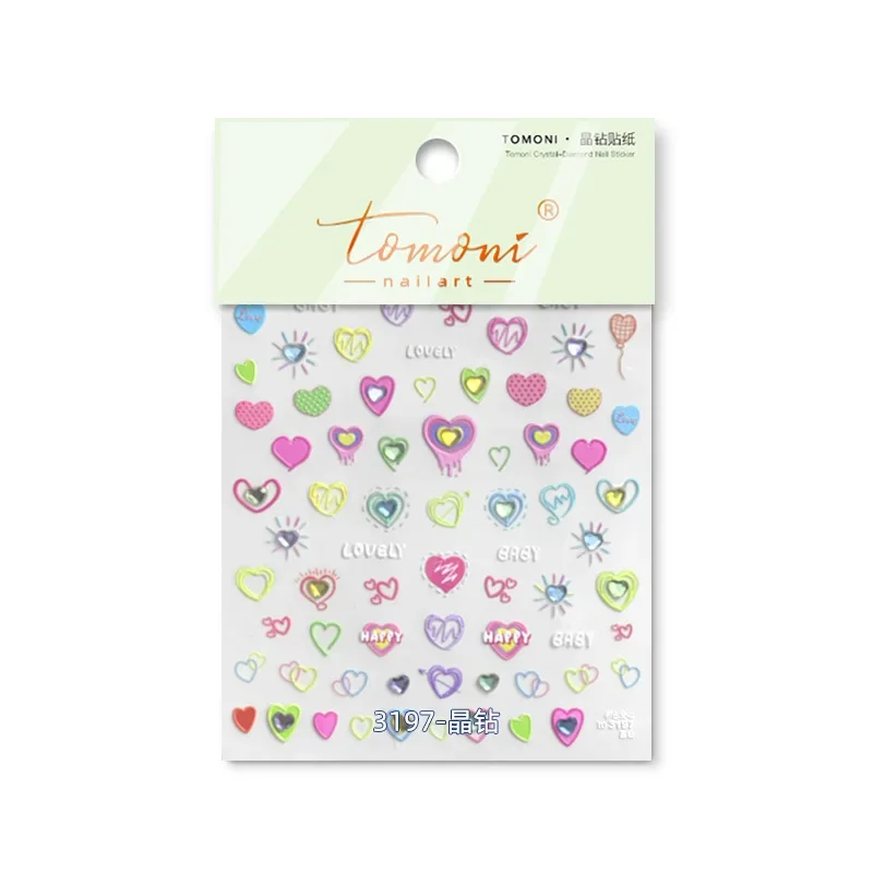 Colorful Rhinestone Love Peach Heart Line Crystal Baby 5D Soft Embossed Relief Self Adhesive Nail Art Sticker 3D Manicure Decal