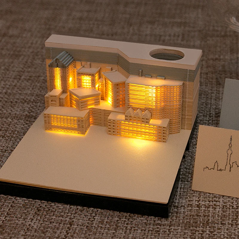 Desk Memo Pad With LED Lights,Memo Pad,Creative Desk DIY Notes Notepad,3D Art Paper Carving Gift House Sculpture Gift For School