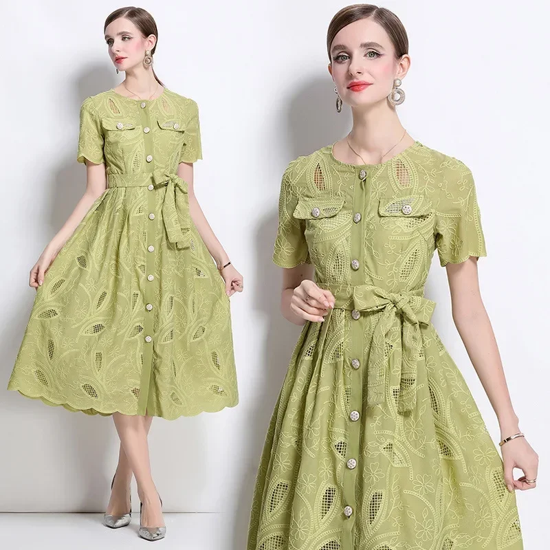 

Pop French Vintage Heavy Embroidery Round Neck Waist Cinched Short Sleeve Dress Women Slimming Single Button Long Skirt Dress
