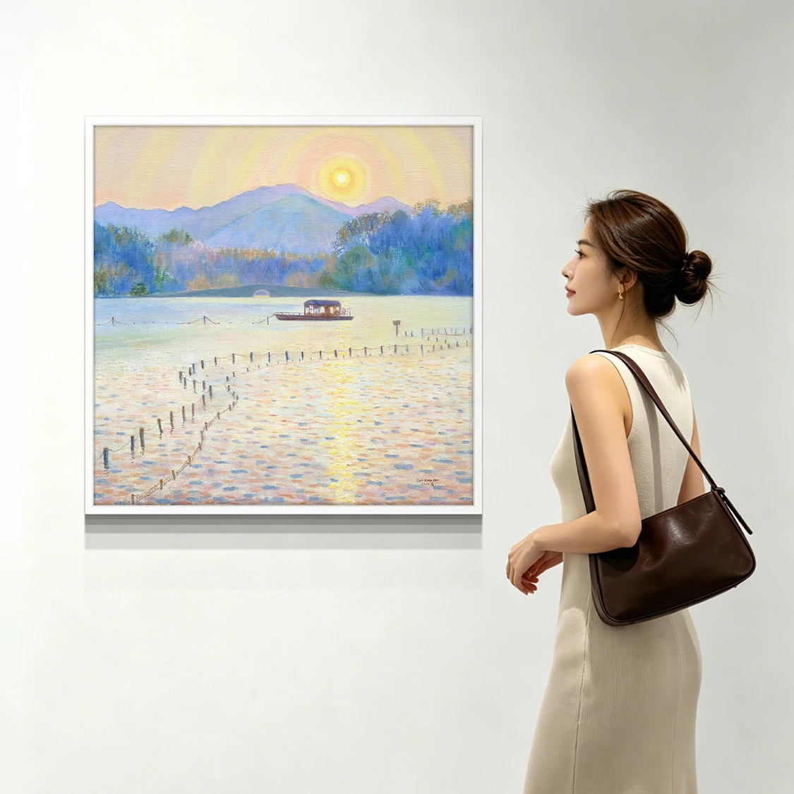 Impressionist Sunset Lake Boat Canvas Wall Art, Artist Signed Limited 399 Edition, Serene Pastel Landscape for Home Framed Art