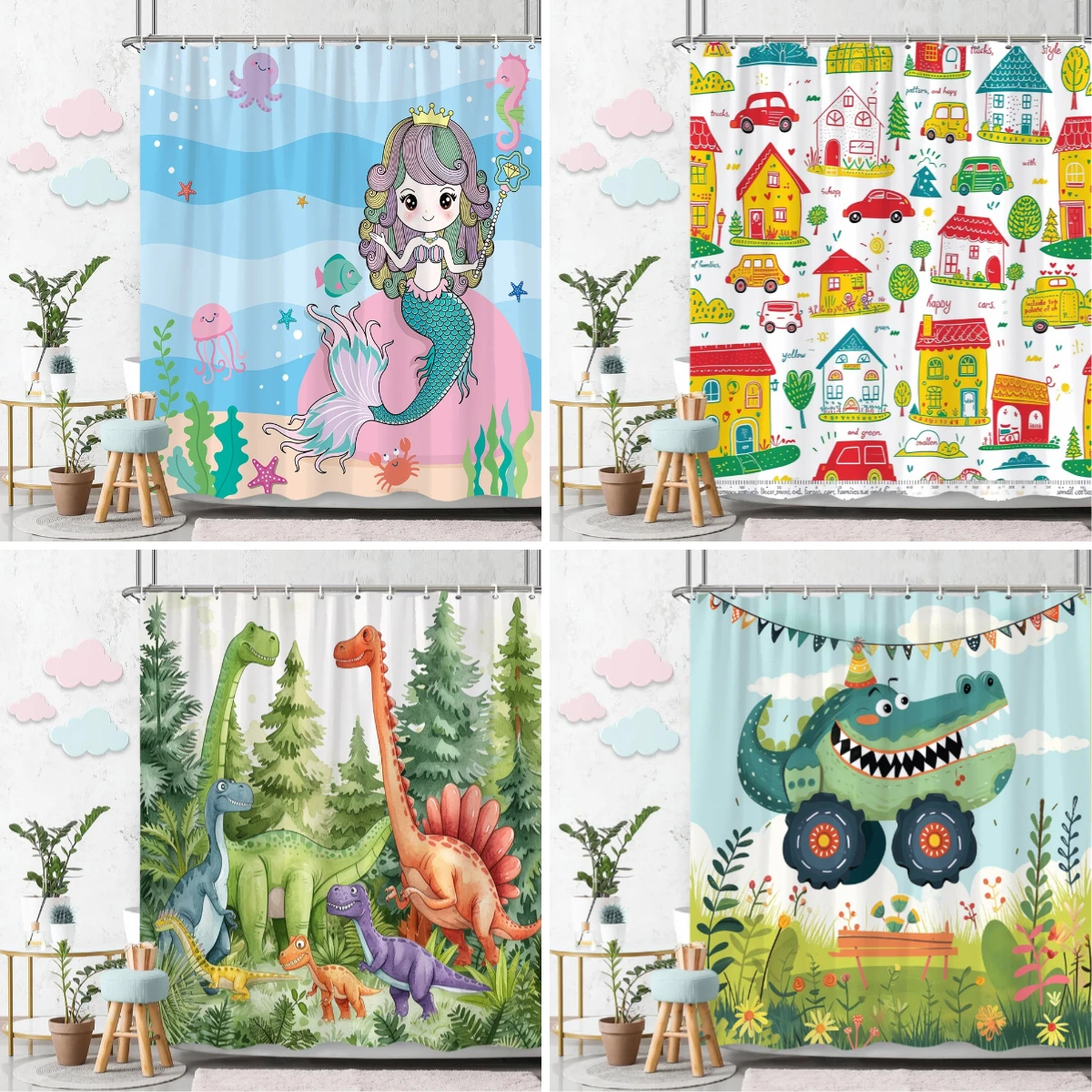 Mermaid Cartoon Shower Curtain Funny Dinosaur Animal Kids Shower Curtains Polyester Fabric Hooks Bathroom Decoration With Hooks