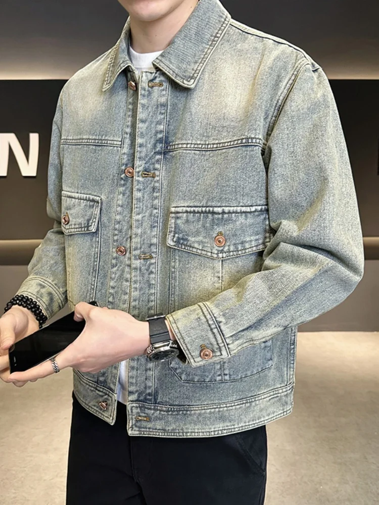 

Мужская джинсовая куртка в американском ретро-стиле, модная, премиум-класса, для уличного стиля, новинка осени 2024, свободный крой, на молнии