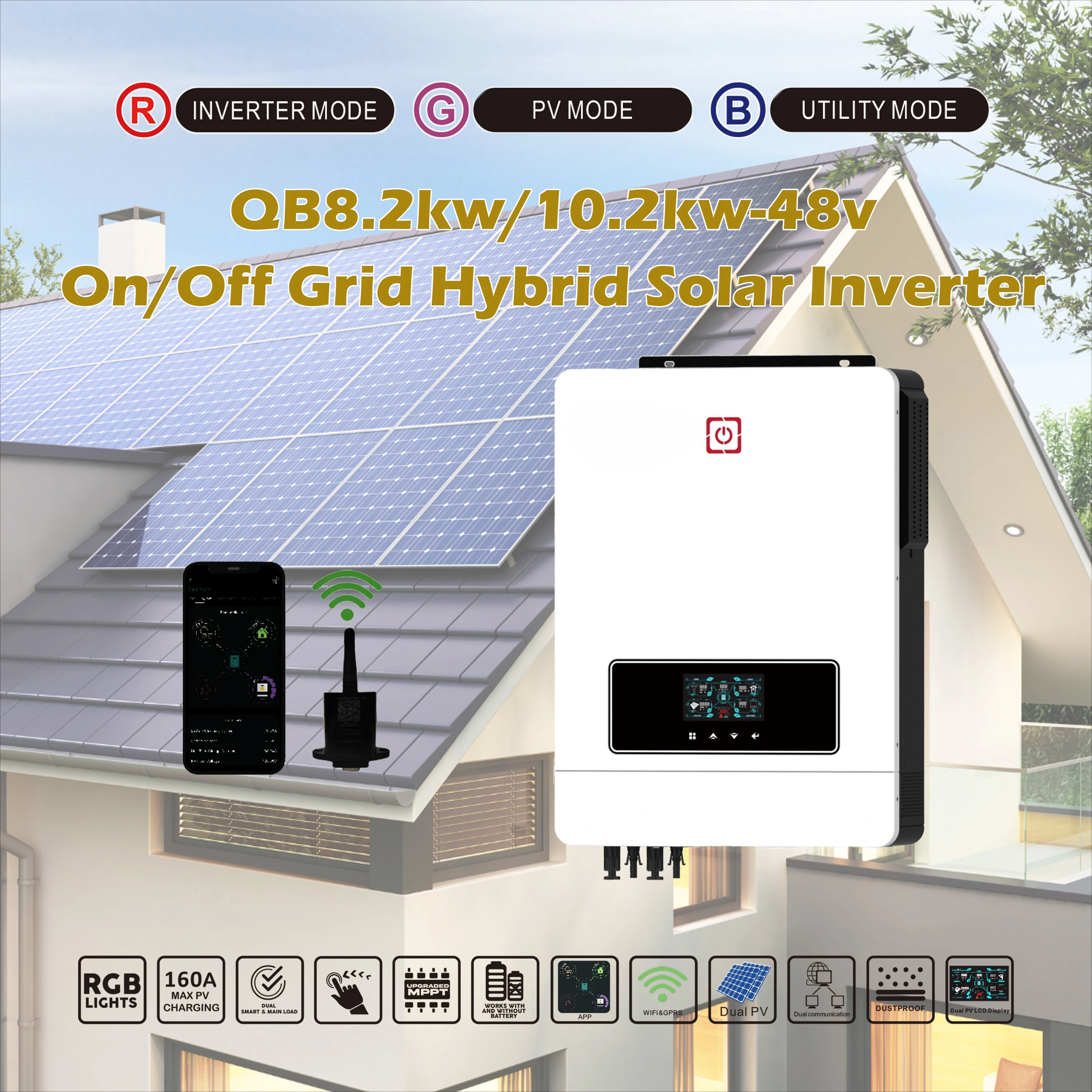

Гибридная солнечная система 10.2 кВт, 48В, 150А MPPT, напряжение заряда фотоэлектрических модулей 500В, гибридный солнечный инвертор 10 кВт